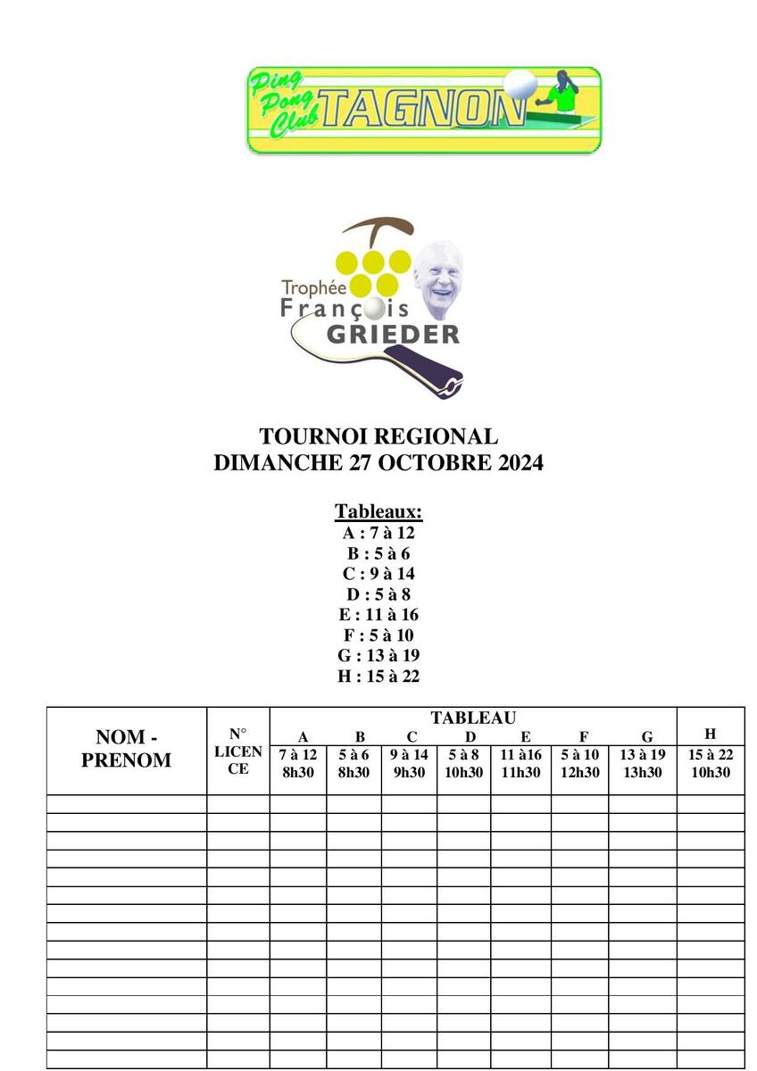 Trophée Grieder : tournoi du PPC Tagnon le 27 octobre